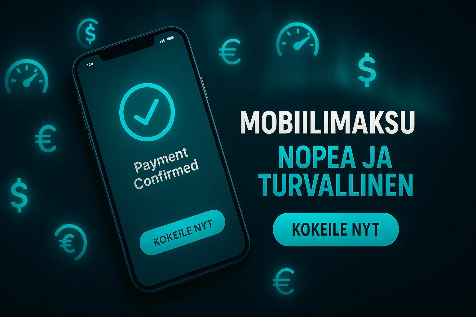 Leveä suomalainen kasinobanneri mobiilimaksun vahvistusnäytöllä ja teal-efekteillä
