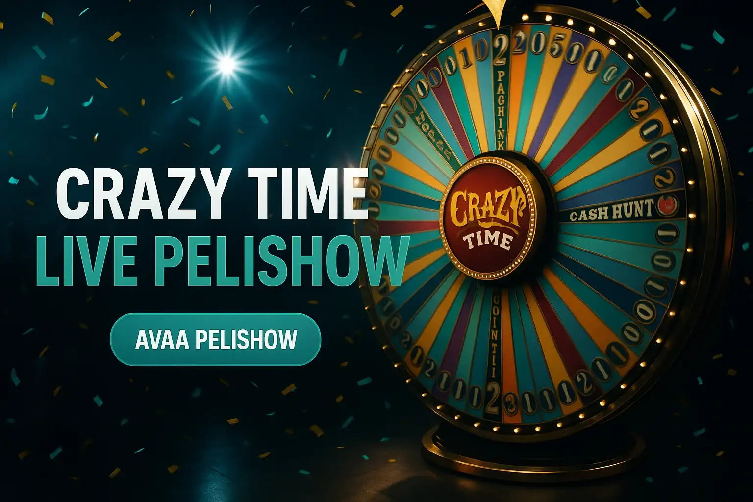 Fotorealistinen live-kasinobanneri, Crazy Time -pyörä, konfettia ja pelishow-valot