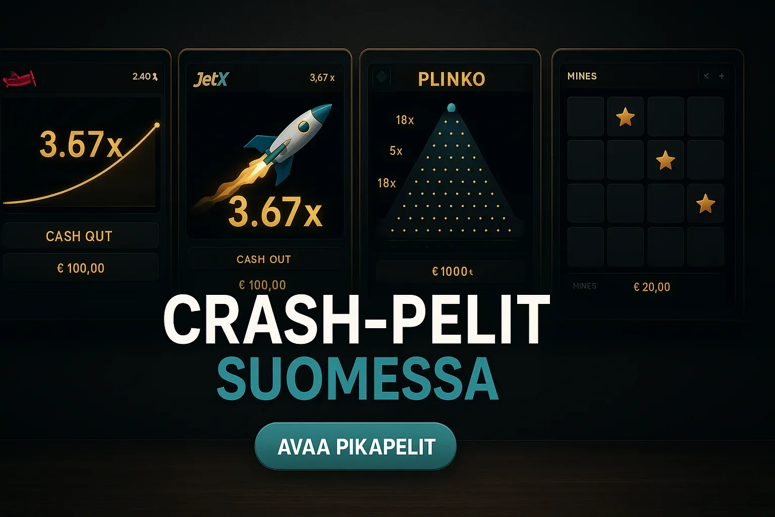 Leveä suomalainen crash-pelien kasinobanneri, neljä pelinäkymää ja CTA-painike