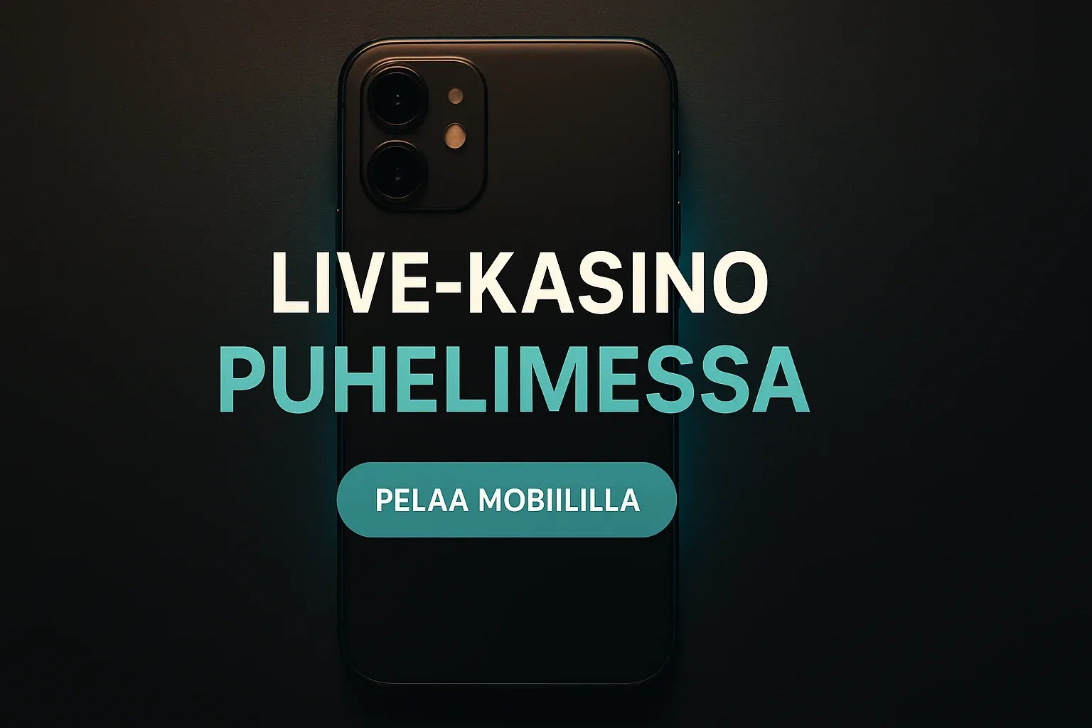 Fotorealistinen suomalainen live-kasinobanneri, puhelin vaakasuunnassa ja teal reunavalo