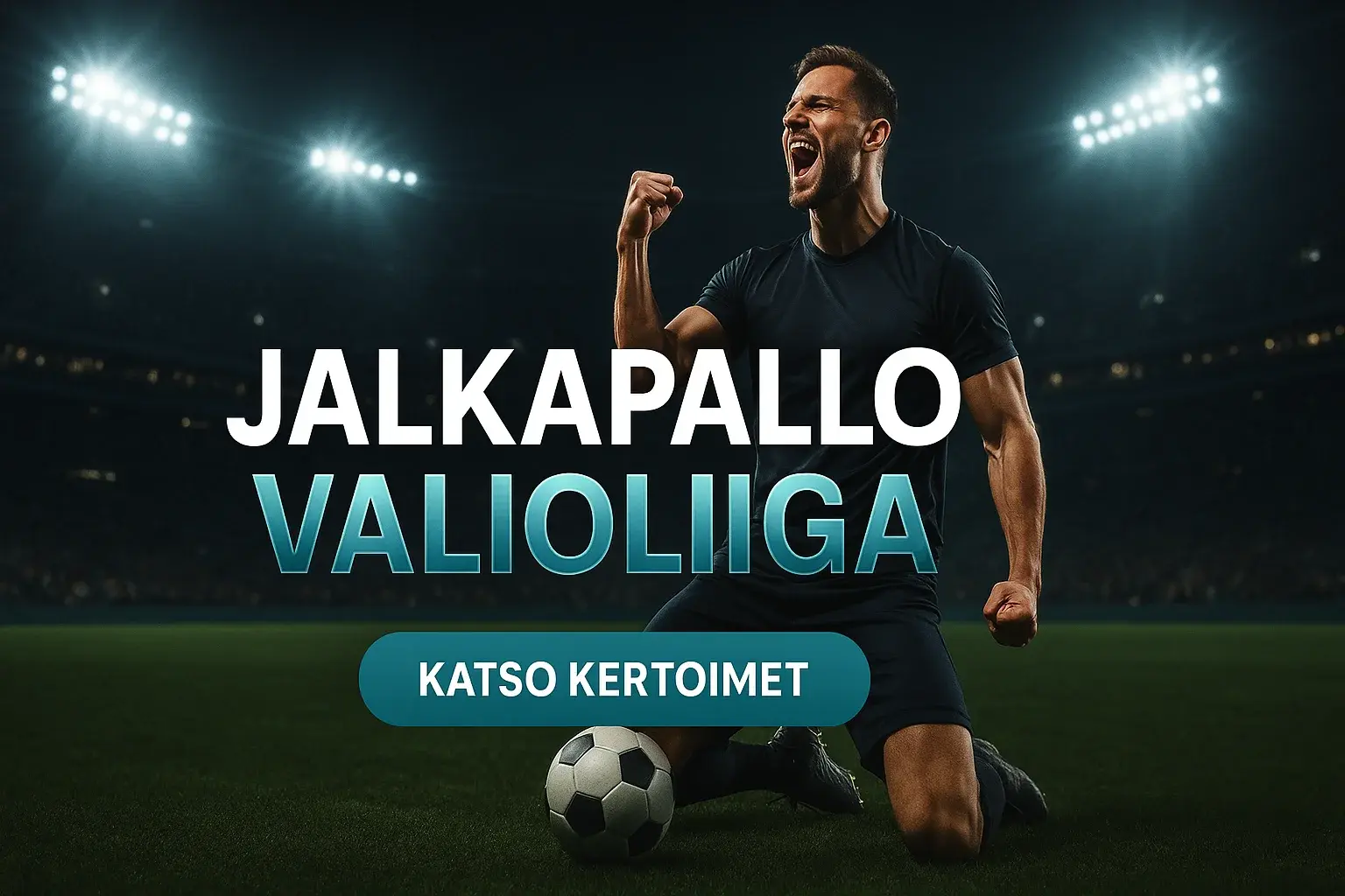 Fotorealistinen suomalainen vedonlyöntibanneri, jalkapalloilija juhlii maalintekoa stadionilla